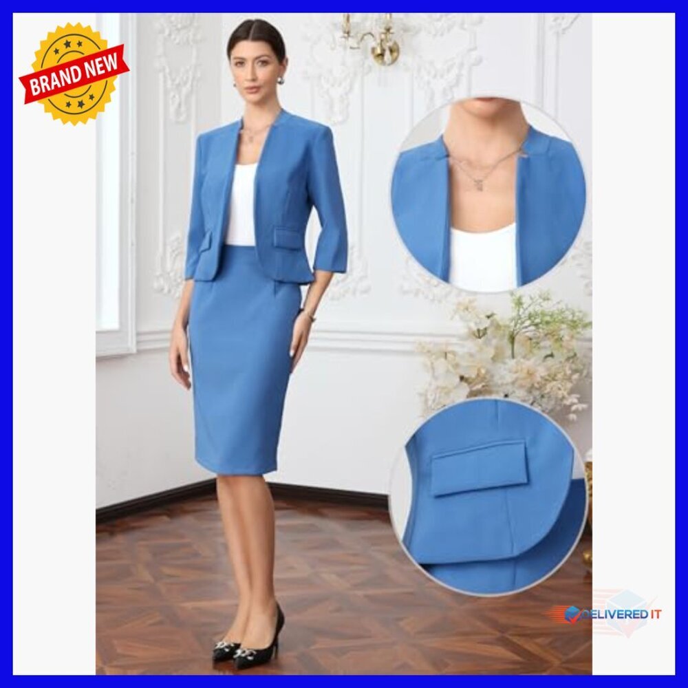 Collarless Blazer & Pencil Skirt Suit Set, Polyester Spandex, Professional - Picture 2 of 6